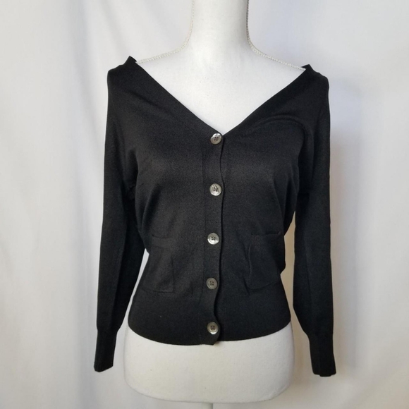 Banana Republic Silk Blend V-neck Black Cardigan with Pockets size Large - Picture 1 of 9